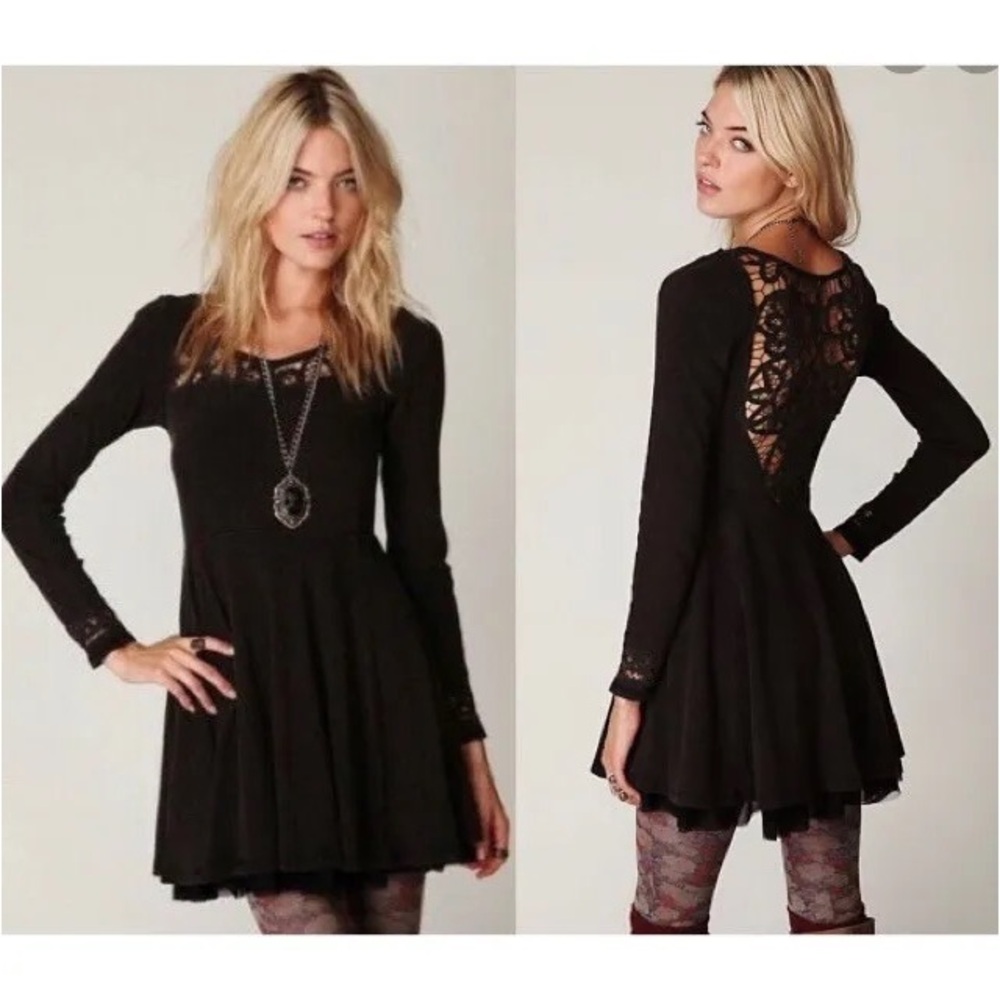 Free People Sz M Thermal Lace Dress faded black floral skater fit flare